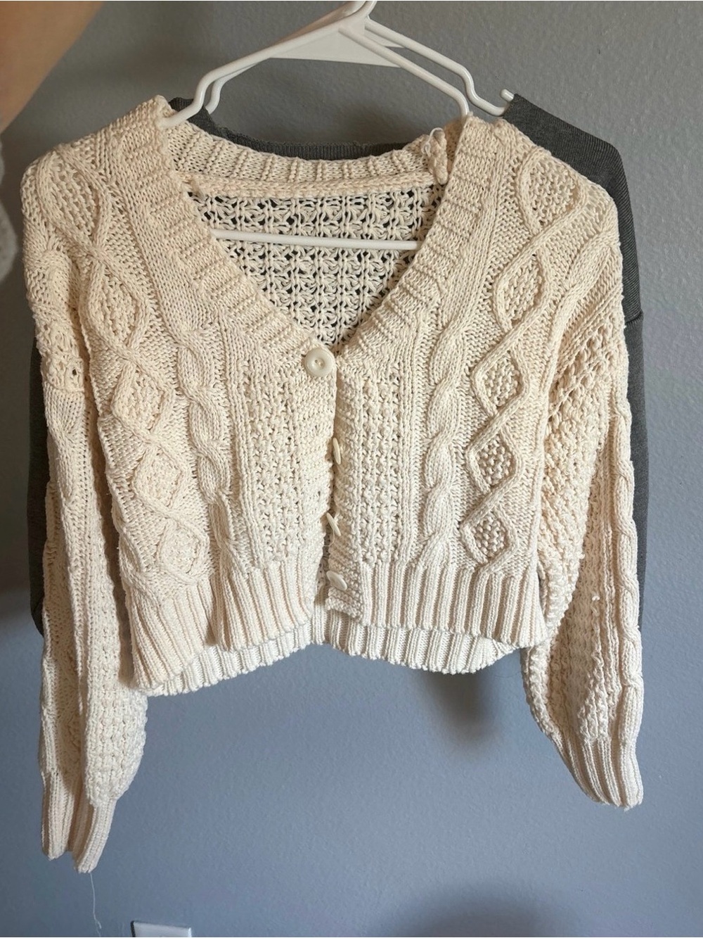 Cropped Cream Cable-Knit Button Cardigan Sweater